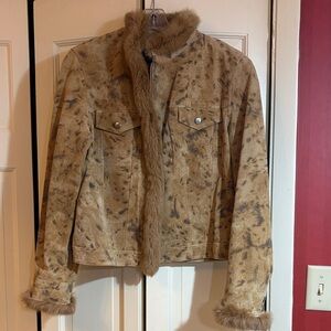 Rabbit Fur Trimmed Leather Jacket, 6